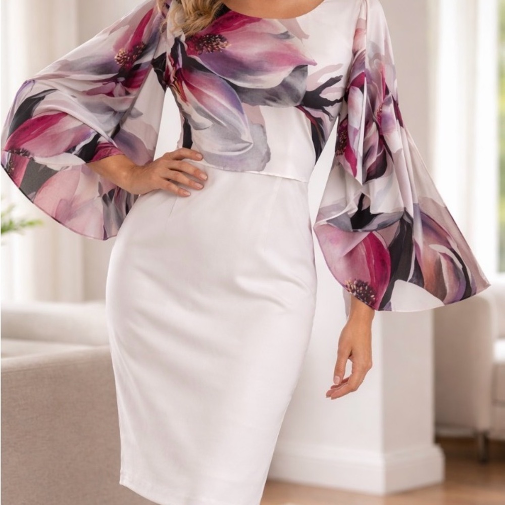 Frank Lyman White Sheath Dress with Pink & Purple Floral sheath layer over top.